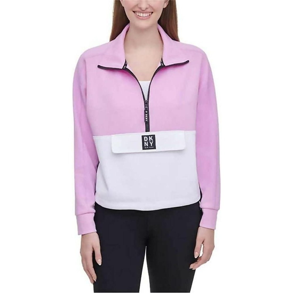 DKNY Sport Women Pink White Colorblock Quarter Zip Sweatshirt Size Large Large